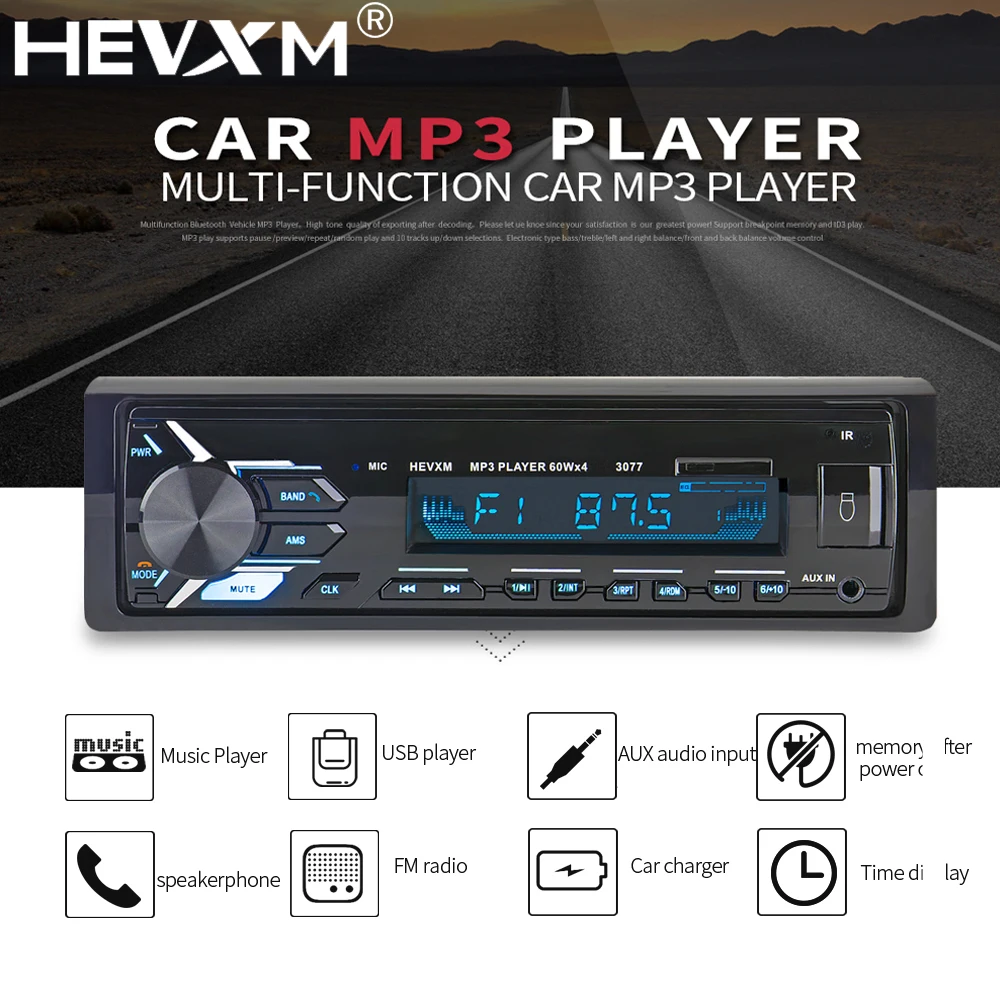 HEVXM 3077 Bluetooth Радио 12 В Aux вход стерео аудио In dash 1 Din FM USB пульт дистанционного