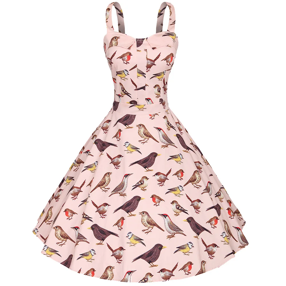 Женское винтажное платье ретро в стиле рокабилли черное бальное с принтом птиц