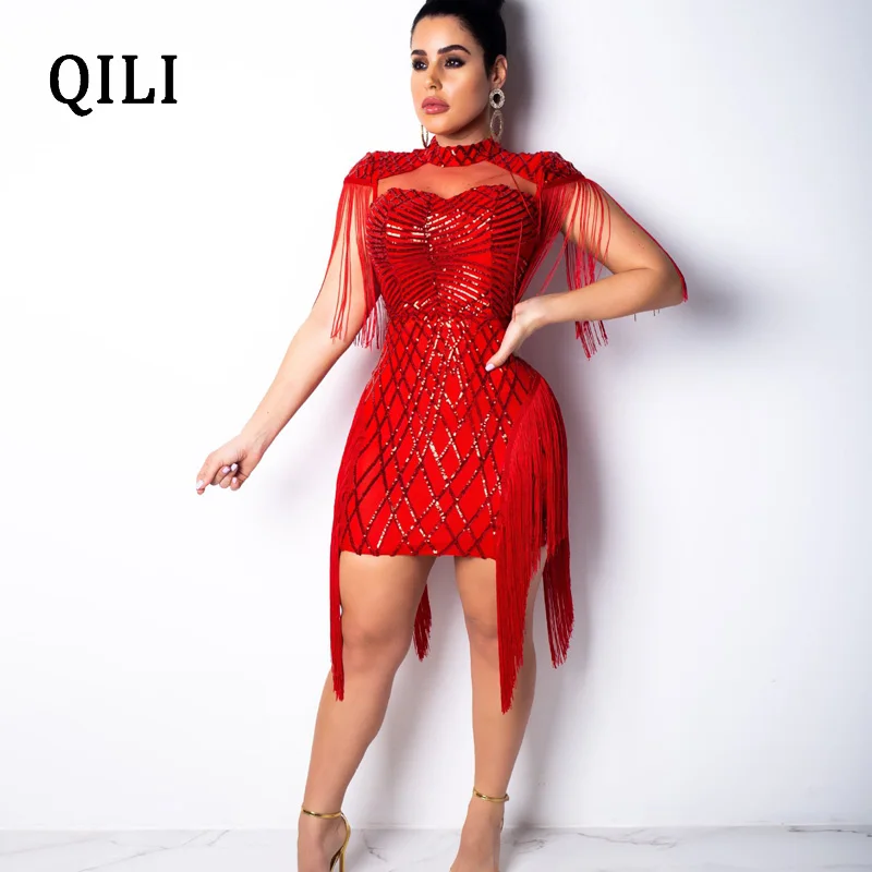 QILI 2019 новое платье с блестками и бахромой красные черные Хаки сетчатые Лоскутные