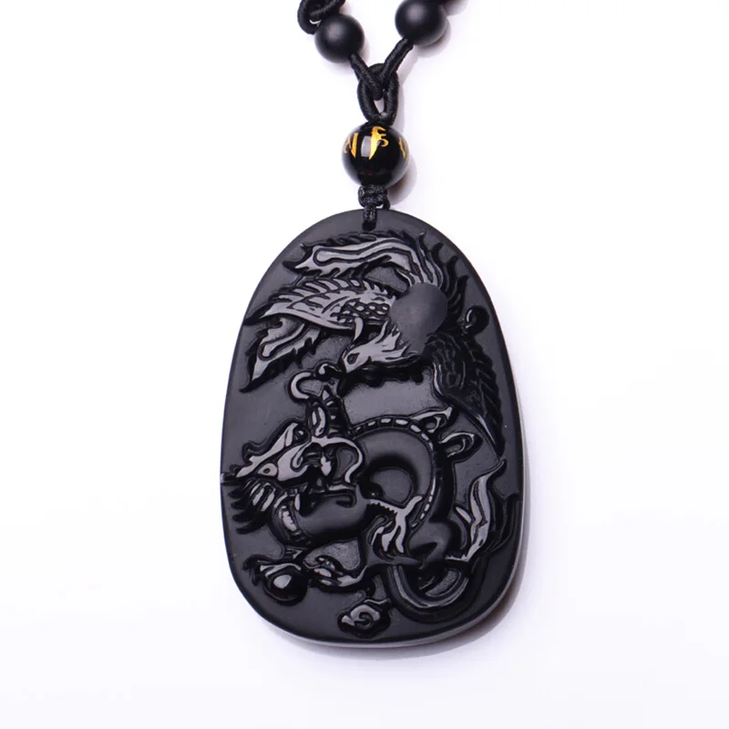 

Drop Shipping Natural Black Obsidian Pendant Chinese Carving LongFengChengXiang Jade Jewelry Dragon phoenix Necklace