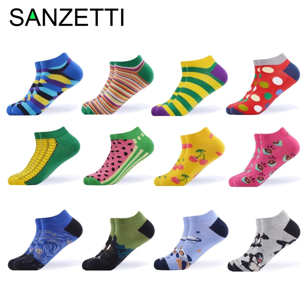 SANZETTI, 12 пар/лот, мужские и женские летние носки из чесаного хлопка, повседневные клетчатые полосатые разноцветные Носки с рисунком животных и фруктов