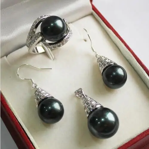 

2017 Hot sale Free ShippingAAA 12mm Black Shell Pearl Pendant Necklace Earrings Ring Set