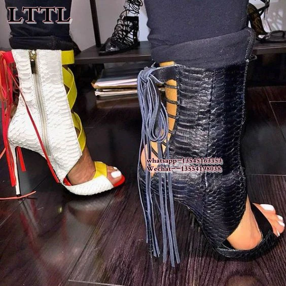 Мода Новый Черный Желтый Кожаный Peep Toe Летние Сапоги Женщин Бахромой Сандалии