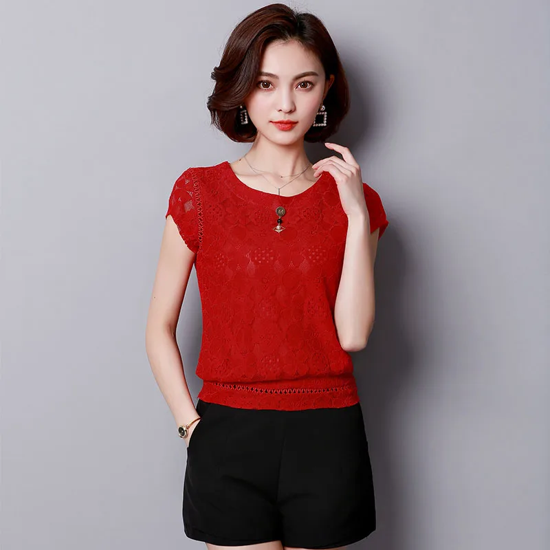 Красный Blusas Mujer De Moda, летняя женская кружевная блузка с коротким рукавом, модные женские рубашки размера плюс, Женские топы и блузки размера s 3XL - Цвет: Красный