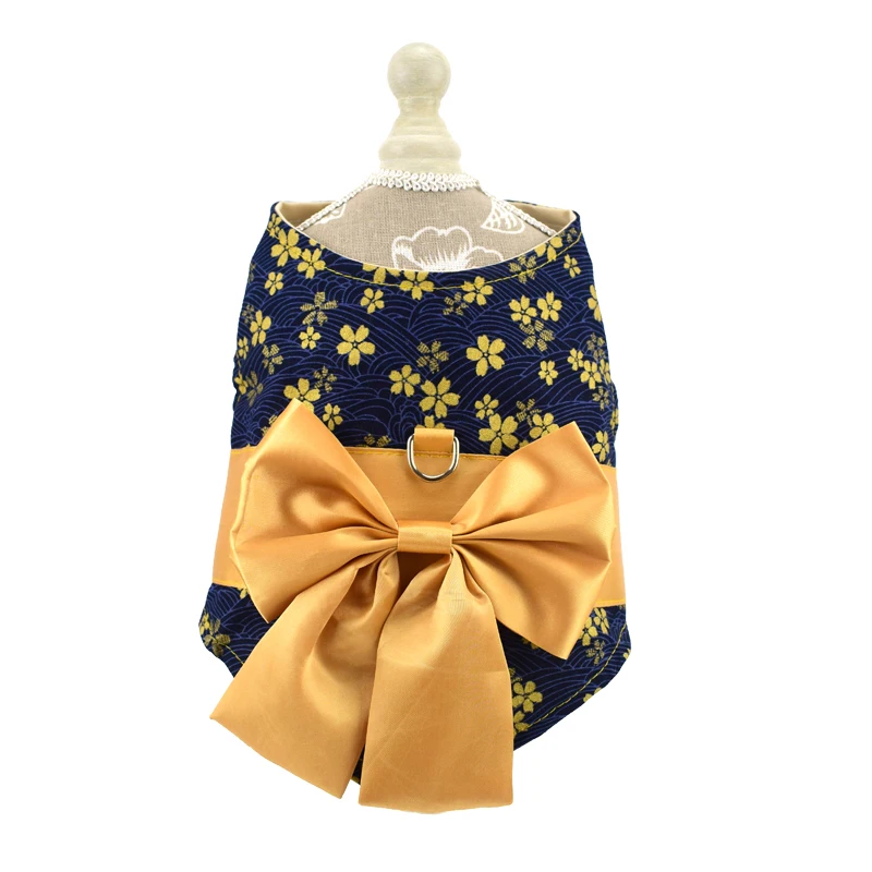 Gloden bowknot Собака Жилет Жгут кимоно японский стиль Cherry ни дышащий Dring поводок набор бабочка лук Одежда для собак наряд размеры s, m, l - Цвет: Gloden bowknot