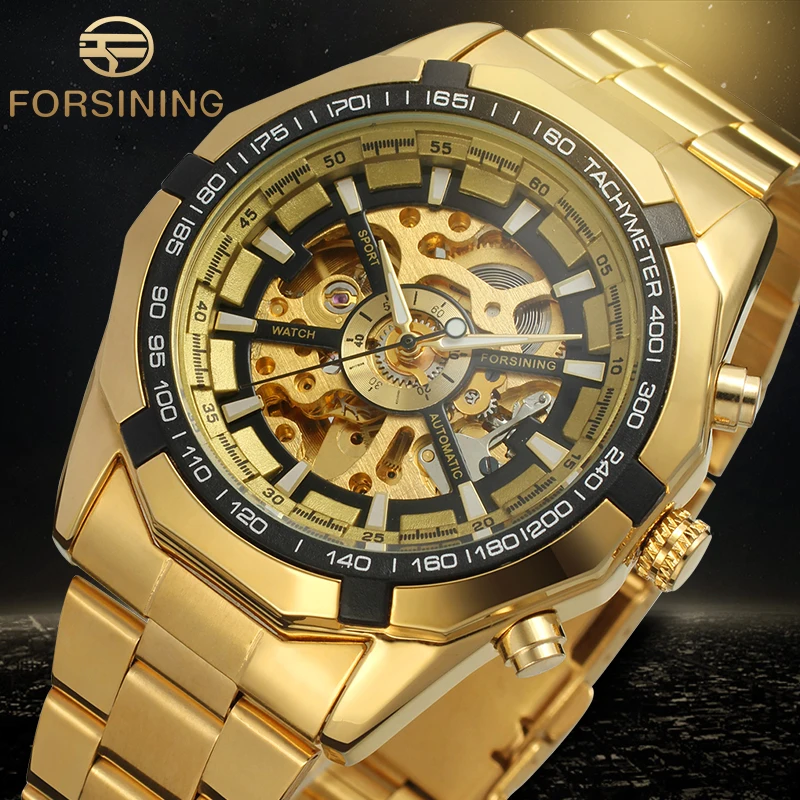 

Forsining Brand Fashion Automatic Men Watches Stainless Steel Bracelet Skeleton Mechanical Wristwatches with Gift Box