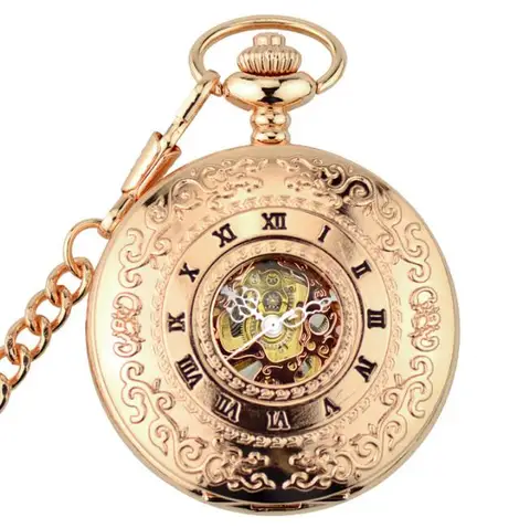 Новое поступление, розовое золото, механическая подвеска, карманные часы, ретро, скелет, Римский циферблат, стимпанк, подарочные карманные часы с цепью