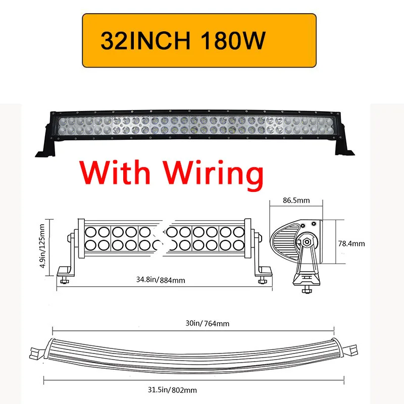 32in with wire Auxtings 22 32 42 50 52 ''дюймовый изогнутый СВЕТОДИОДНЫЙ светильник комбинированный светодиодный рабочий светильник 3D 7D бар Вождение внедорожный автомобиль грузовик 4x4 внедорожник ATV 12 В 24 В - Цвет: 32in with wire