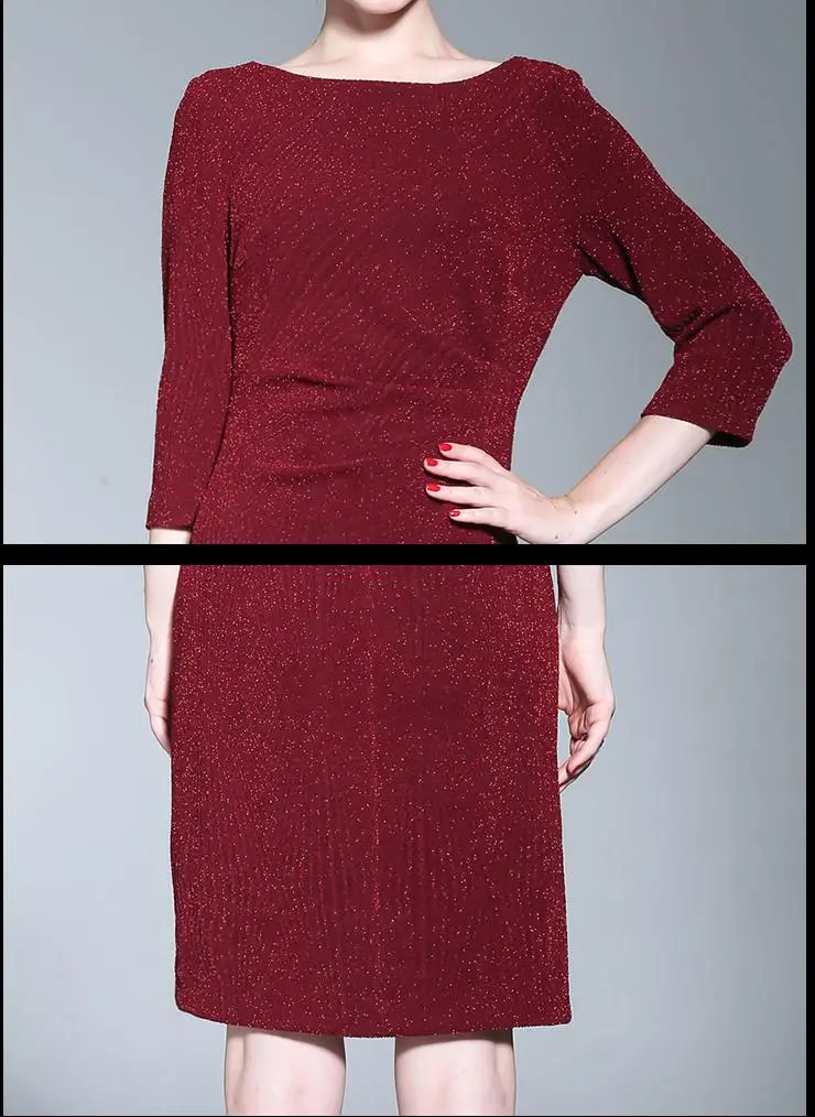 

Fall Spring Fashion Women 3/4 Sleeve Pleated Sequins Slim Wine Red Dress , Autumn 4xl 3xl Female Office Lady Glitter Dresses