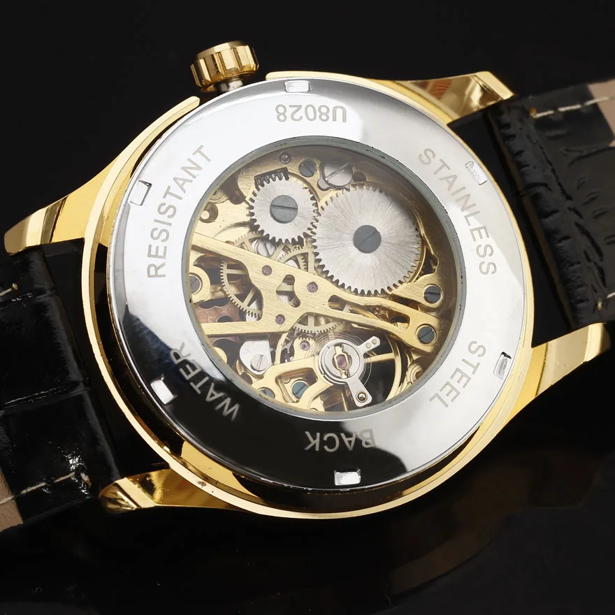 Новые роскошные Брендовые мужские черные часы с кожаным ремешком золотые резным