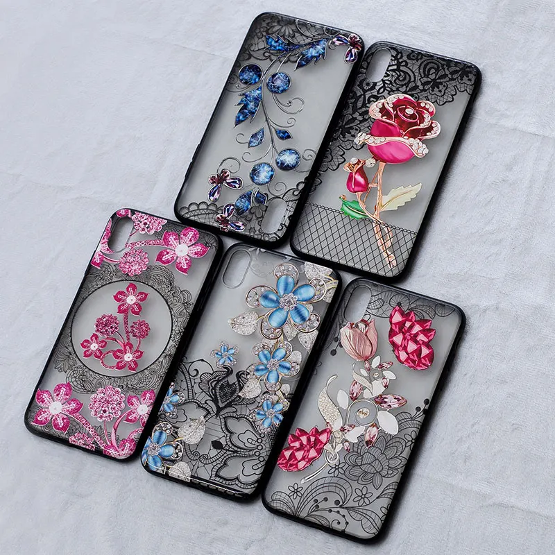 Boucho 3D Lace Diamond Floral Case for iPhone XS MAX Phone X XR 6 6s 7 8 plus Flower Clear Plastic Cover |