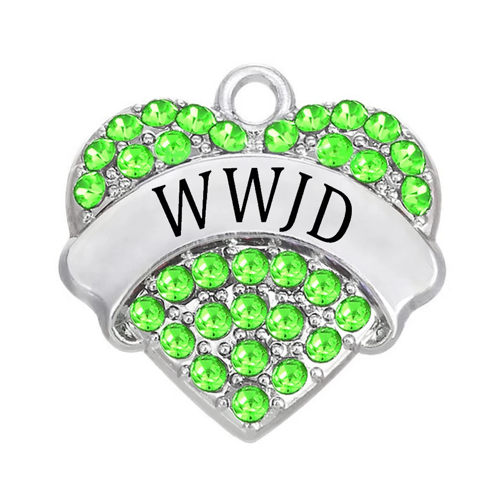 New hot English abbreviation WWJD heart-shaped crystal inlaid metal charm pendant meaning What Would Jesus Do | Украшения и