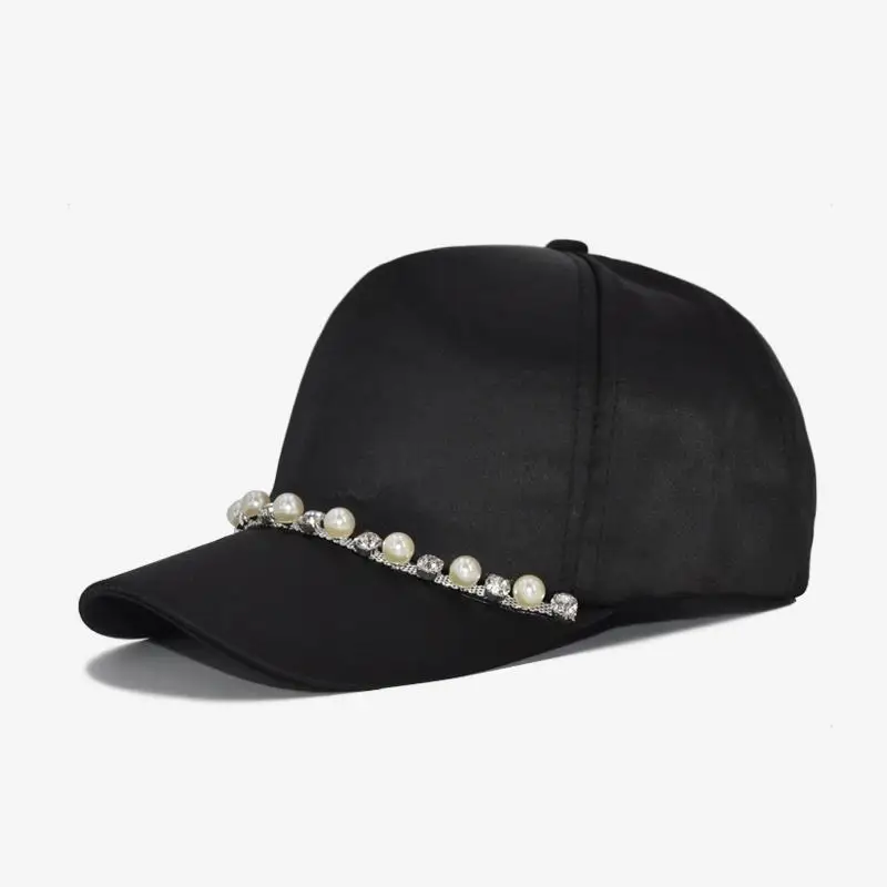 COKK Новая модная Бейсболка для женщин с жемчужинами и цепочкой Snapback Головные уборы для женщин Gorras Регулируемая Кепка женская шляпа от солнца - Цвет: Black