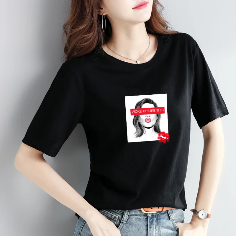 Повседневная Женская футболка с принтом красных губ однотонные Модные топы