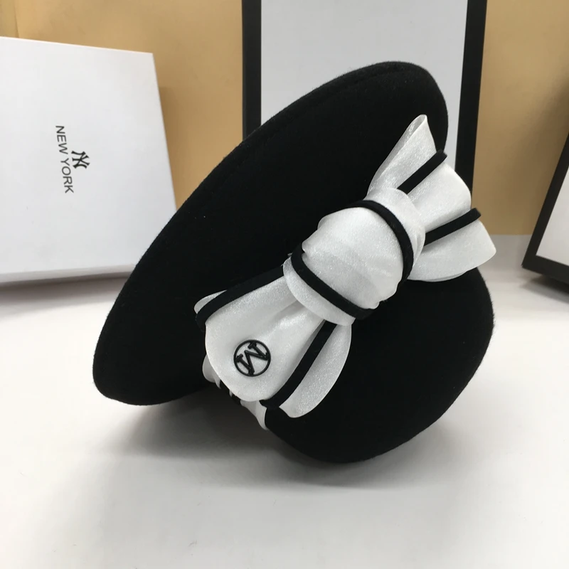 Шерстяная шляпа в рыбацком стиле Черная Женская милая с бантом|Женские кепки