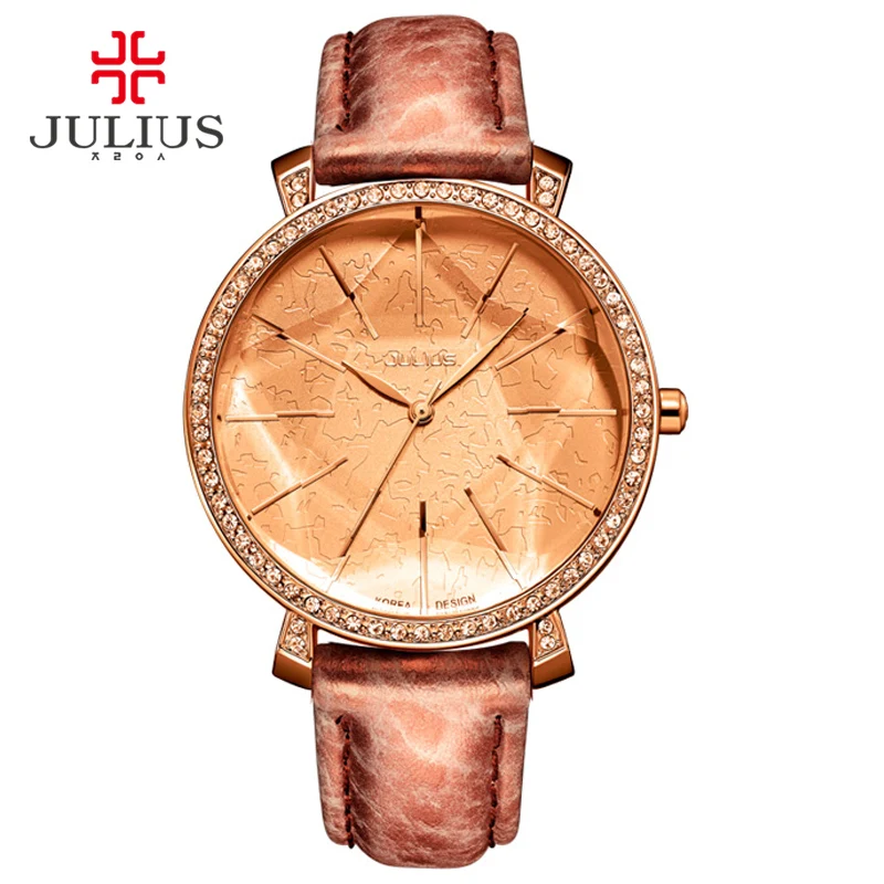 Женские кварцевые часы Julius бежевые с большим циферблатом японским кварцевым