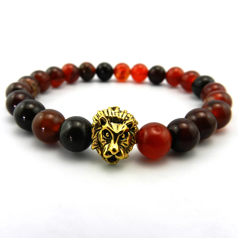 2018 New Design Mens Bracelets Retail 8mm Snowflake Obsidian Stone Beads Antique and Gold Lion Head for Women |
