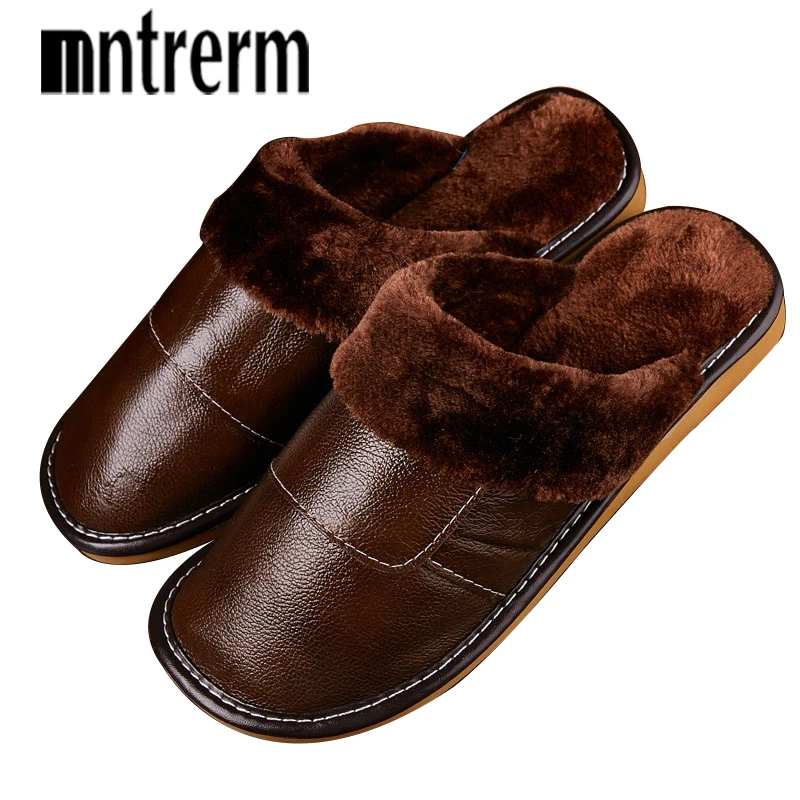 Mntrerm 2020 Lovers Winter Thickening Warm Shoes Mens Leather Cotton Slippers Men Large Size 39-44 Indoor Home Shoes With Plush
