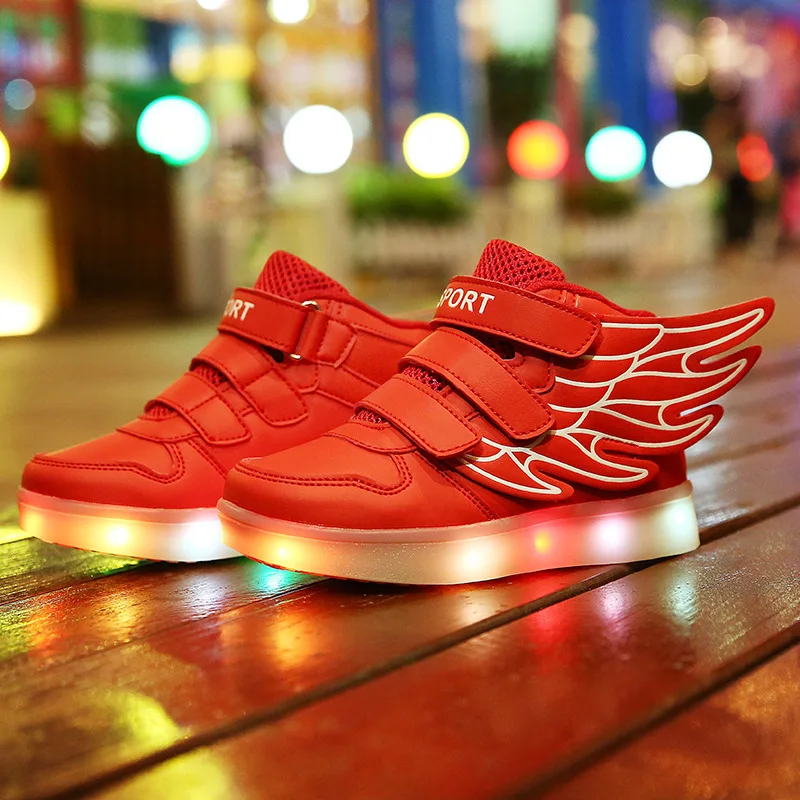2016 luminous LED light children sneakers boys girls shoes pu leather high top fashion wings kids casual sport | Детская одежда и