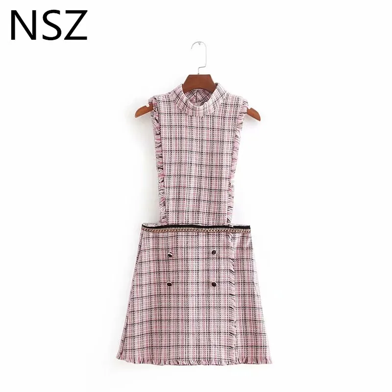 NSZ Women Plaid Pink Tassel Tweed Chain Playsuit Autumn Winter Thick Playsuits Overalls Sleeveless Streetwear Romper | Женская одежда