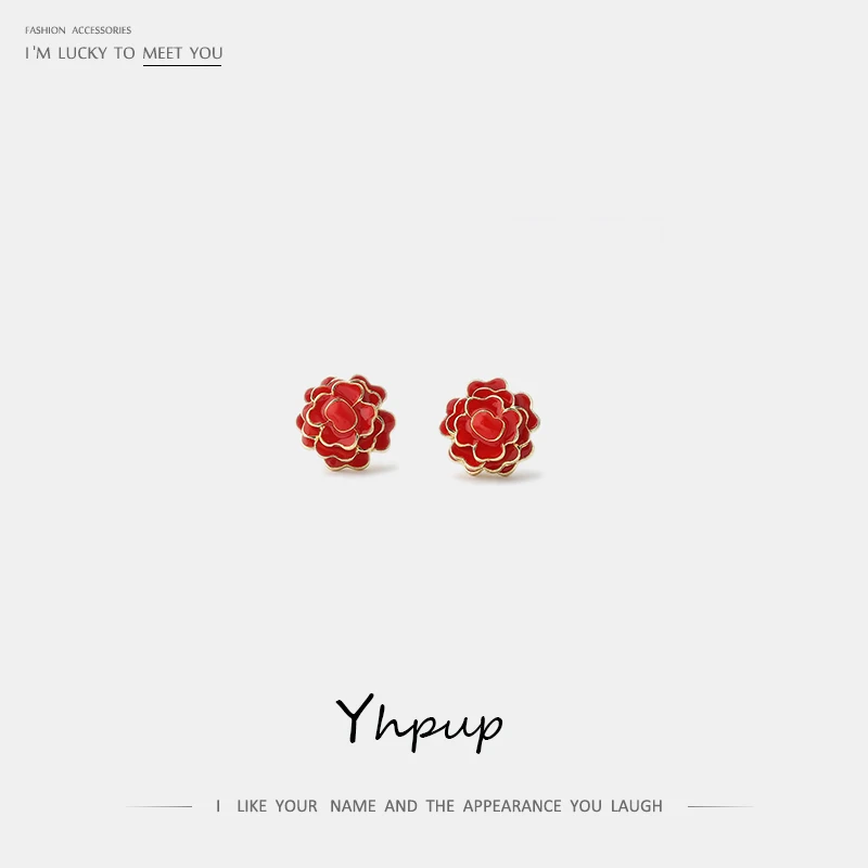 Женские многослойные серьги гвоздики Yhpup красные и белые с эмалью цветком