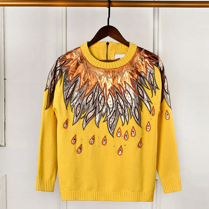 Fashion Brand Runway Designer Sweater Women Pullovers Diamonds Beading Embroidery Vintage Yellow Knitted Jumper 2019 pull femme | Женская
