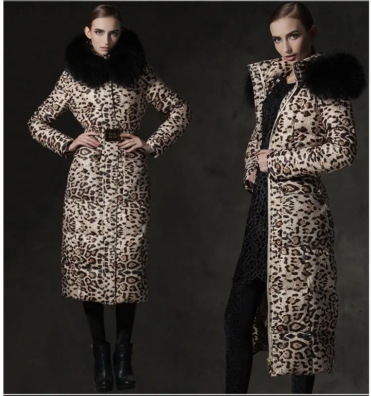 White Down Jacket Woman Hooded Leopard Winter Coat Women Long Warm Puffer Jacket Raccon Fur Collar Chaqueta MujerMY206 KJ2603