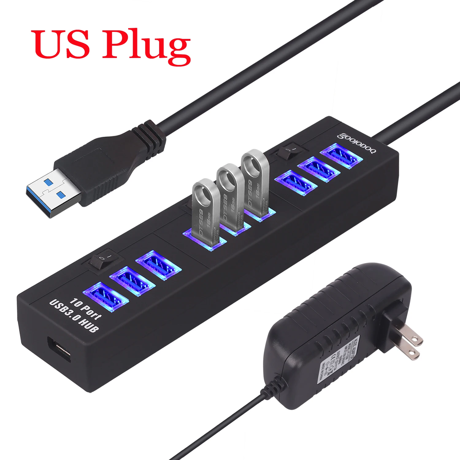 10 Порты и разъёмы USB 3,0 концентратор USB 5V 2A Мощность адаптер usb-хаб 3,0 Зарядное устройство с переключателем Мульти USB разветвитель USB3.0 концентратор для Macbook портативных ПК - Цвет: Black with US Power