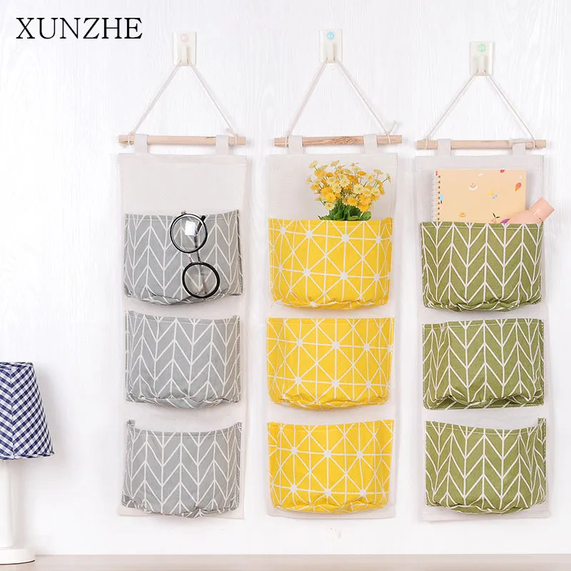 

1Pc Cotton Linen Hanging Storage Bag waterproof Pattern 3 Pockets Wall Hanging Wardrobe Bag Wall Bag Organizer for Cosmetic Toys