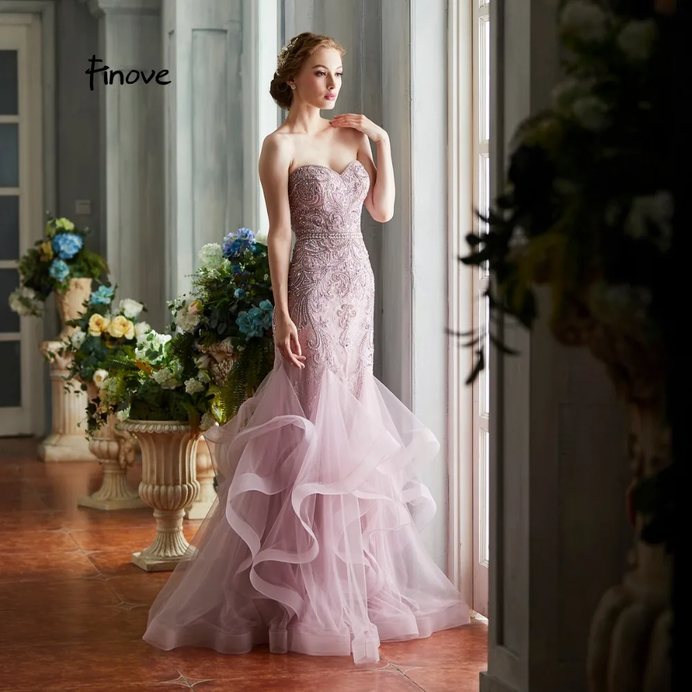 Finove Mermaid Evening Dress 2020 Sexy Strapless Lace-Up Gorgeous Beading Ruffles Train Floor Length Long Party Gown For Woman | Свадьбы и