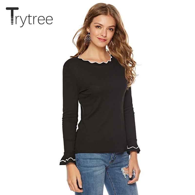 Trytree Осенняя эластичная футболка Повседневная полиэфирная однотонная рукава