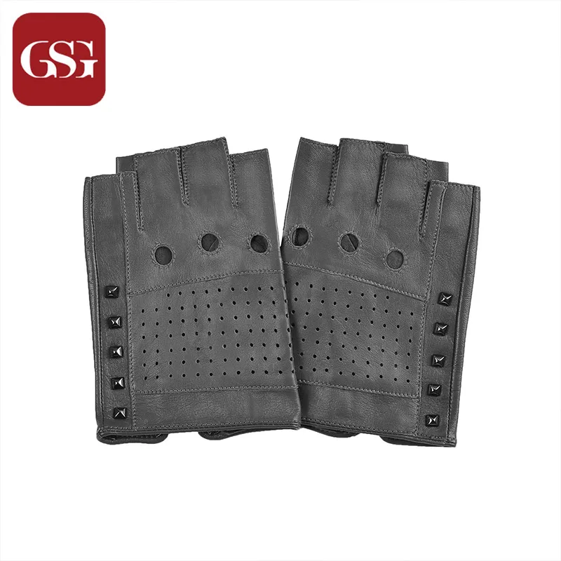 grey GSG Мужские кожаные перчатки без пальцев из натуральной кожи, перчатки для вождения, модные перчатки на пол пальца, Мотоциклетные Перчатки Без Подкладки - Цвет: grey