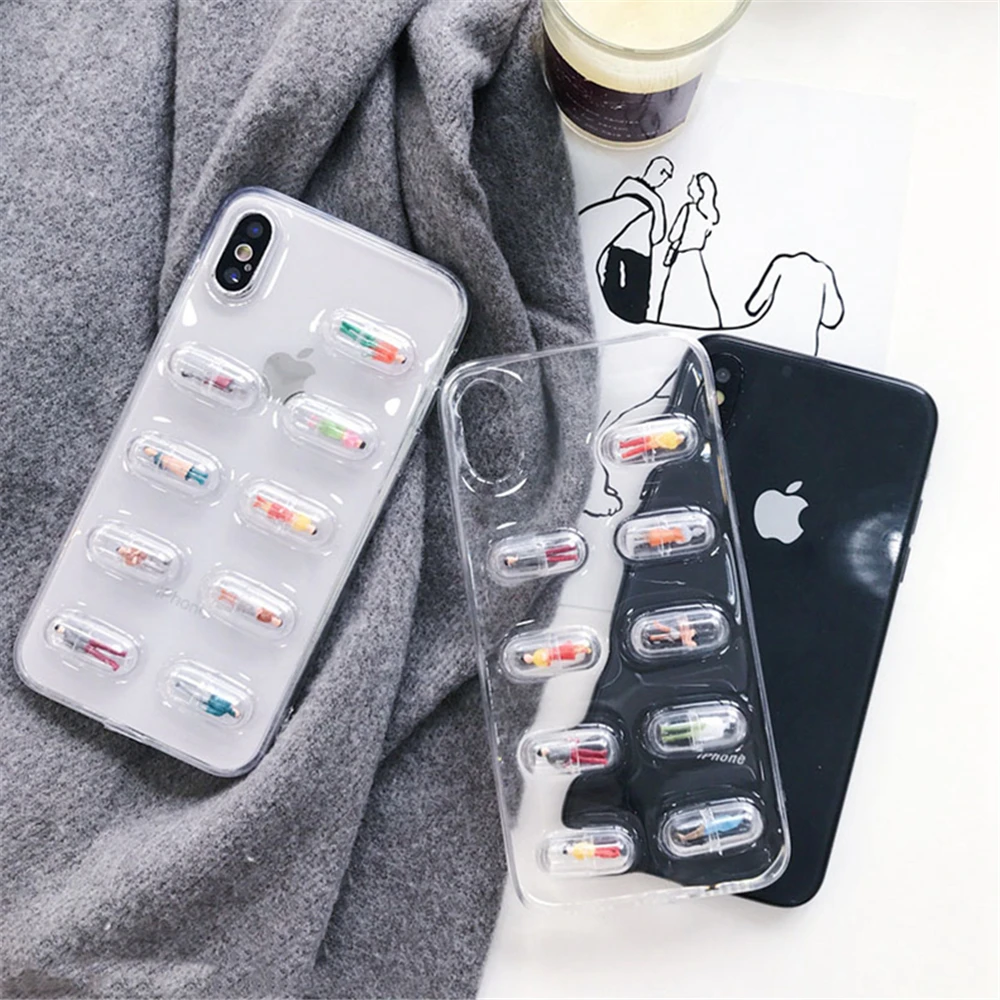 Lovely 3D Pill Capsule Transparent Phone Case for iphone 7 Cartoon Character Soft Back Cover For iPhone 6 6S 8 Plus X 10 |