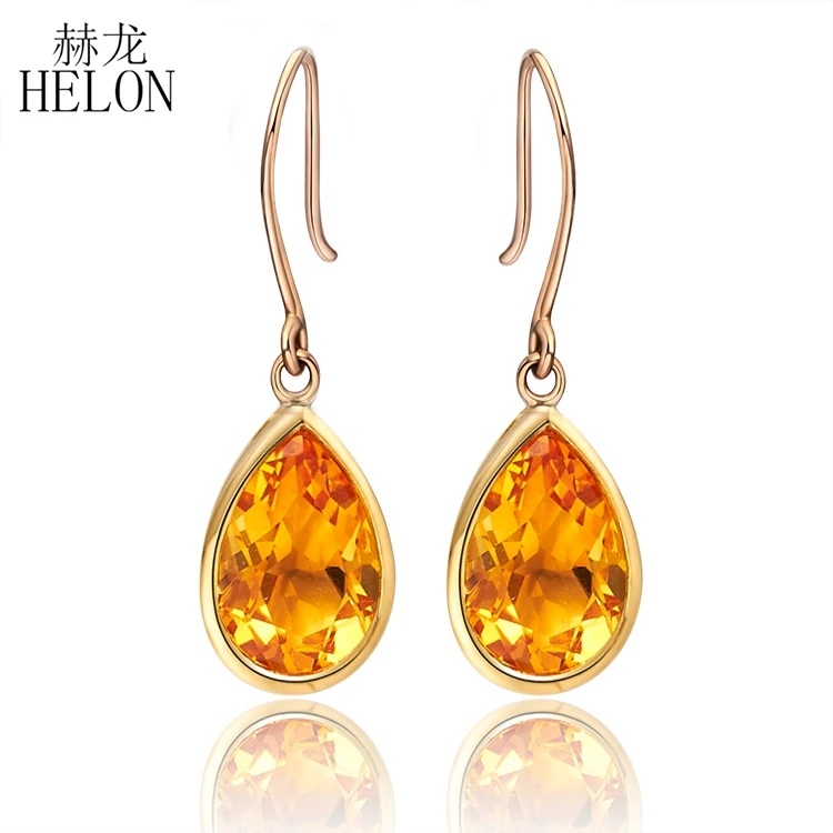 HELON 4ct натуральные грушевидные срезанные цитрин Твердые 14 к Желтое золото висячие серьги для женщин романтические ювелирные изделия