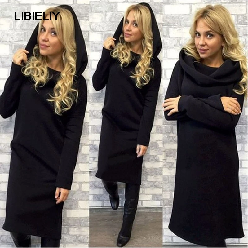 Зимнее женское платье с капюшоном красивое шерстяное бархатное однотонное