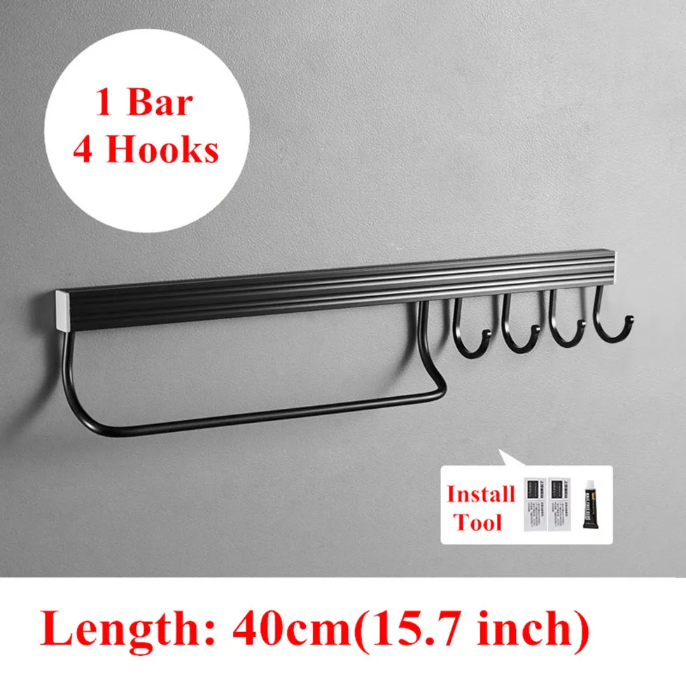 40cm 1 bar 4 hooks Настенный Черный Космический алюминиевый держатель для кухонной стойки, держатель для инструментов, одинарный бар, удобная лента для хранения ножей, инструмент для кухонной утвари - Цвет: 40cm 1 bar 4 hooks