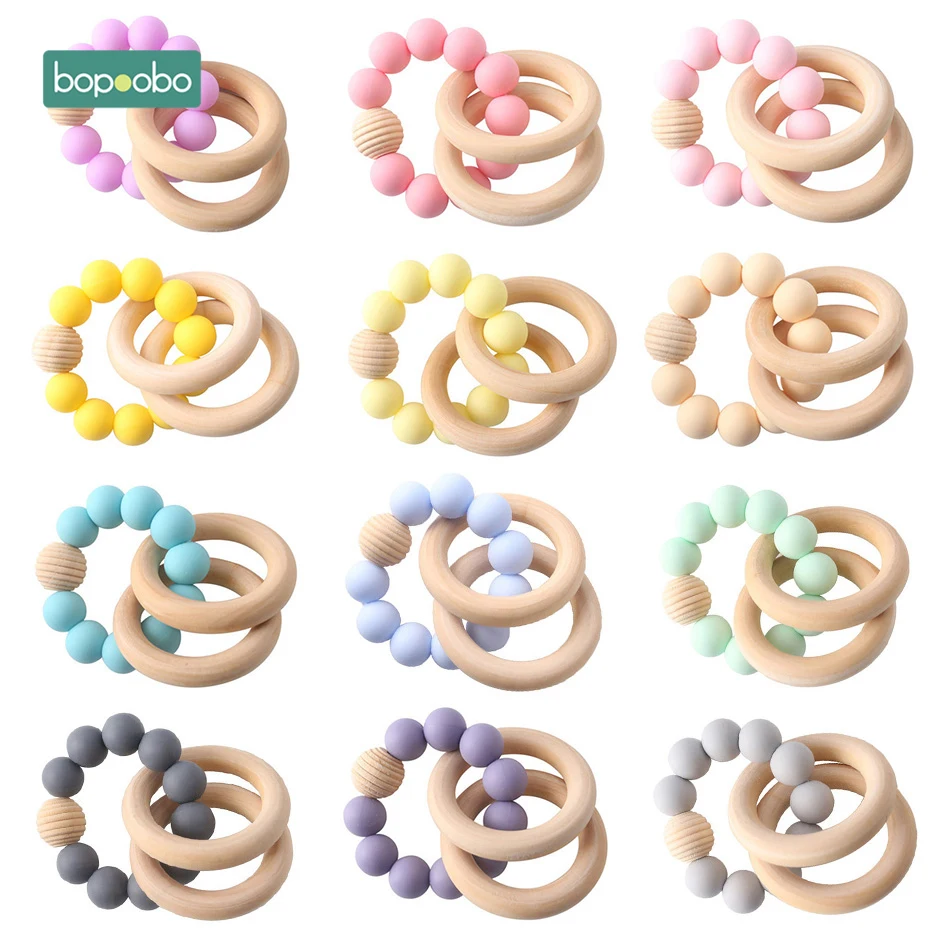 Bopoobo 1pc Baby Bracelets Rattle Silicone Beads Bangles Teething Jewelry Wooden Beads BPA Free Breceletes Baby Teether
