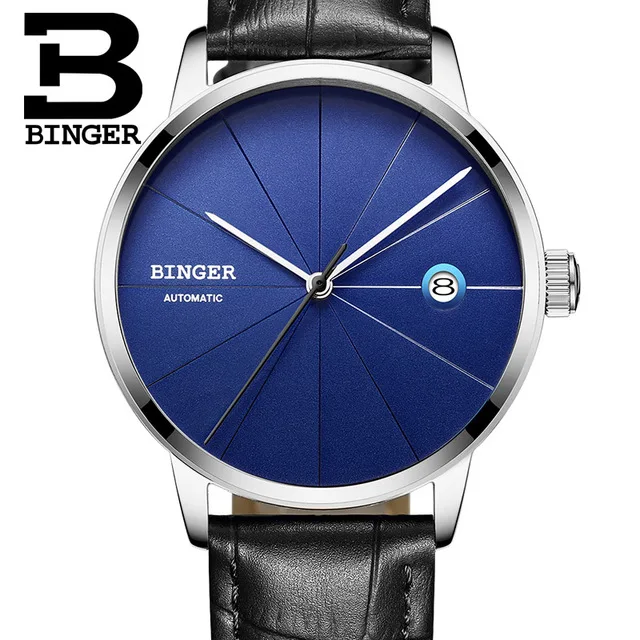 Leather Blue Switzerland BINGER мужские часы Топ люксовый бренд Япония Seiko автоматическое механическое движение часы досуг бизнес синий horloges - Цвет: Leather Blue