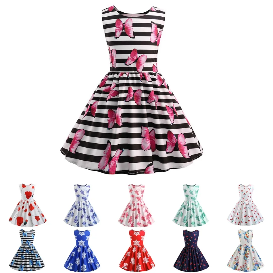 Girls Vintage Print Swing Party Dresses Children Sleeveless Summer Butterfly Casual Sundress Kids Elegant Clothes for 2-8 Years | Детская