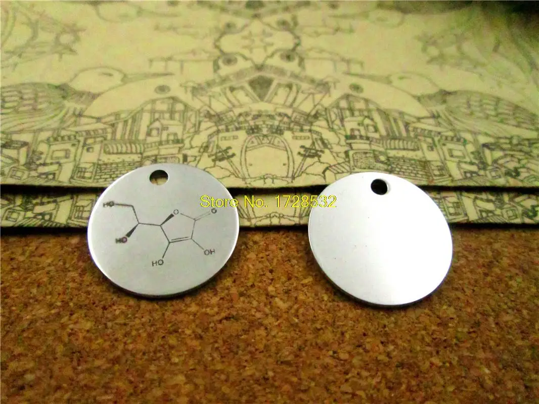 20pcs--20mm  stainless steel circle round "the molecular formula Vitamin C"version 2 one side  DIY Charms Pendants