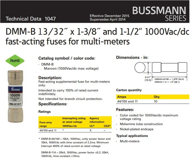 Мультиметр Fluke специальный предохранитель 10*38 мм BUSS DMM-11AR 1000V 11A