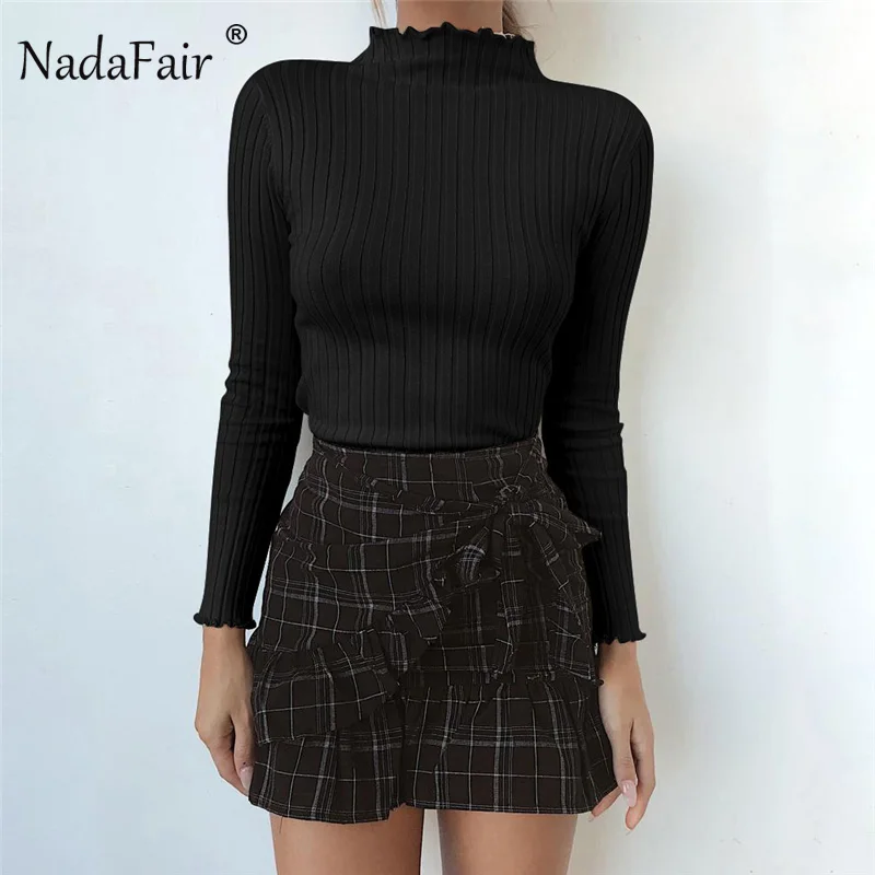 Nadafair 2018 осень зима Новые однотонные теплые хлопковые футболки Для женщин