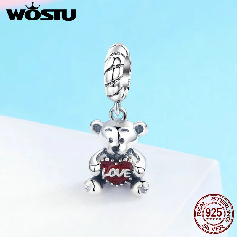 WOSTU 100% Серебряная коллекция животных маленький Медвежонок с любовью шарм
