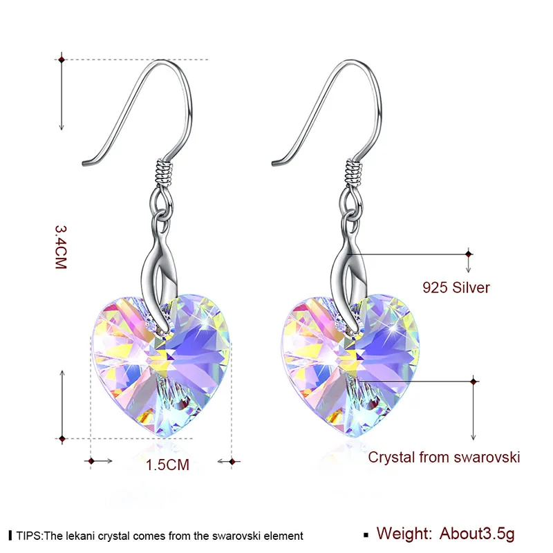 925 пробы Серебряные серьги сердце кристалл от Swarovski для Для женщин милый романтический серьги-подвески с крючком блестящие свадебные Юбилей