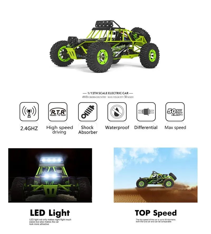 12428 1:12 RC внедорожный автомобиль с светодиодный Light2.4G 4WD 50 км/ч высокоскоростной