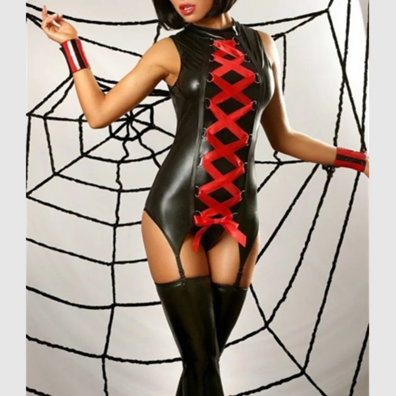 

New Arrival O neck Bandage Dress Sleeveless Latex Gothic SEXY Black Mini Faux Leather Lace Up Red Sexy Novelty Exotic Dress