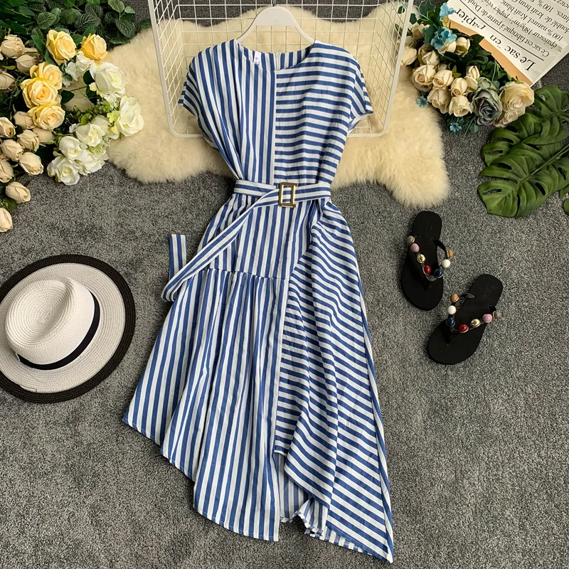 2019 новые модные женские платья с круглым вырезом коротким рукавом талии