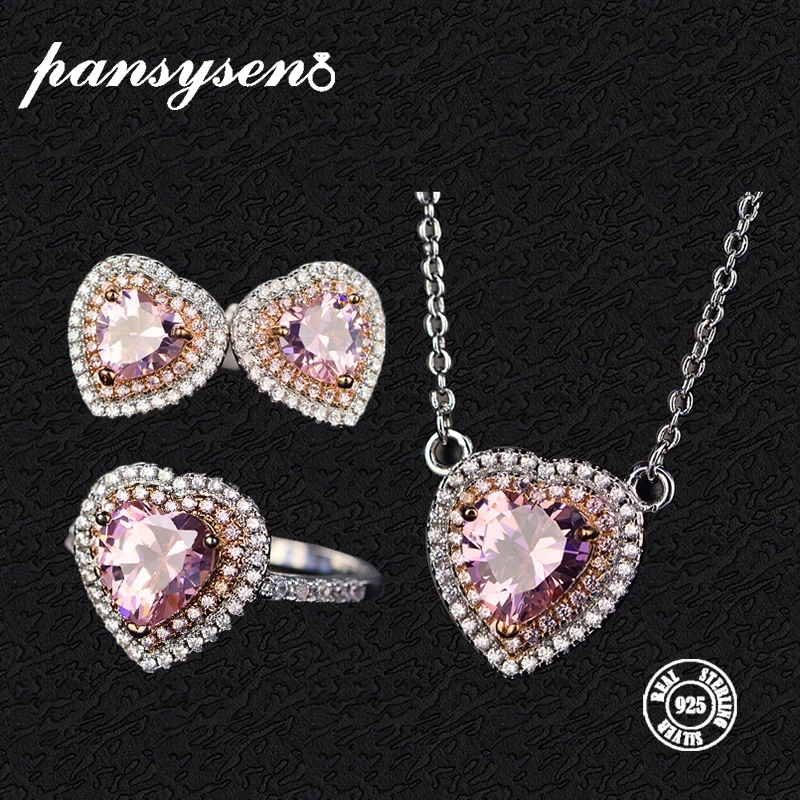 PANSYSEN, роскошное сердце, розовый кварц, ожерелье, серьги, кольцо, ювелирные наборы для женщин, настоящее 925 пробы, серебро, свадебное ювелирное изделие