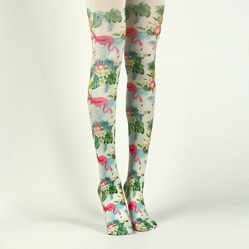 

Pastoral Style Flamingo Printed Pantyhose Floral Color Pantyhose
