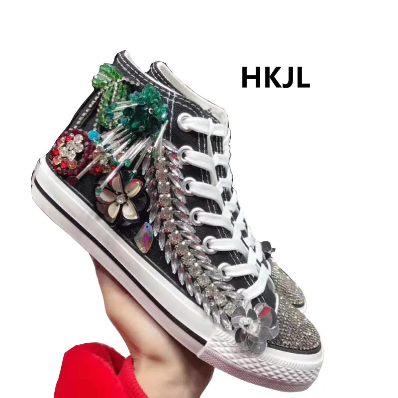 

HKJL spring 2019 new tide shoes heavy work beaded three-dimensional flower color matching high-top casual shoes